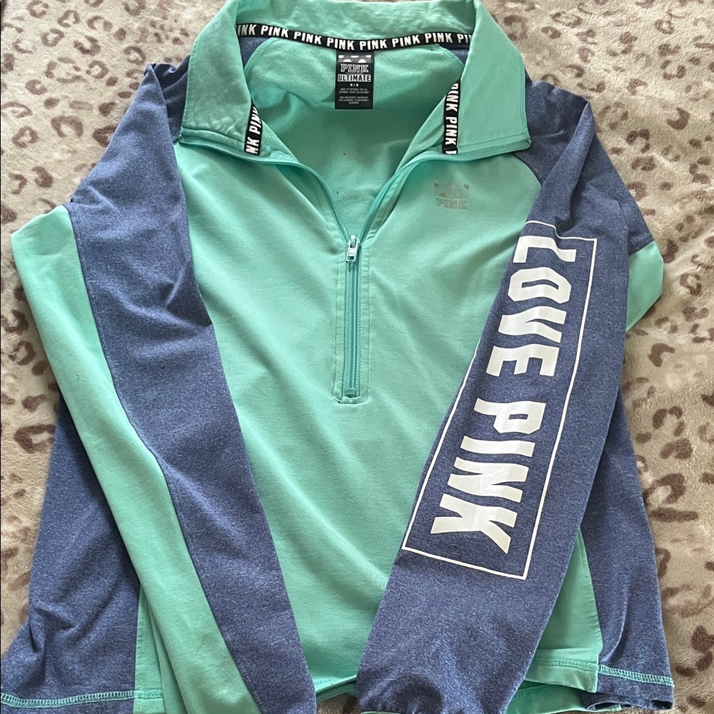 PINK Victoria's Secret Mint Green & Navy Half-Zip Pullover - LOVE PINK Sleeve